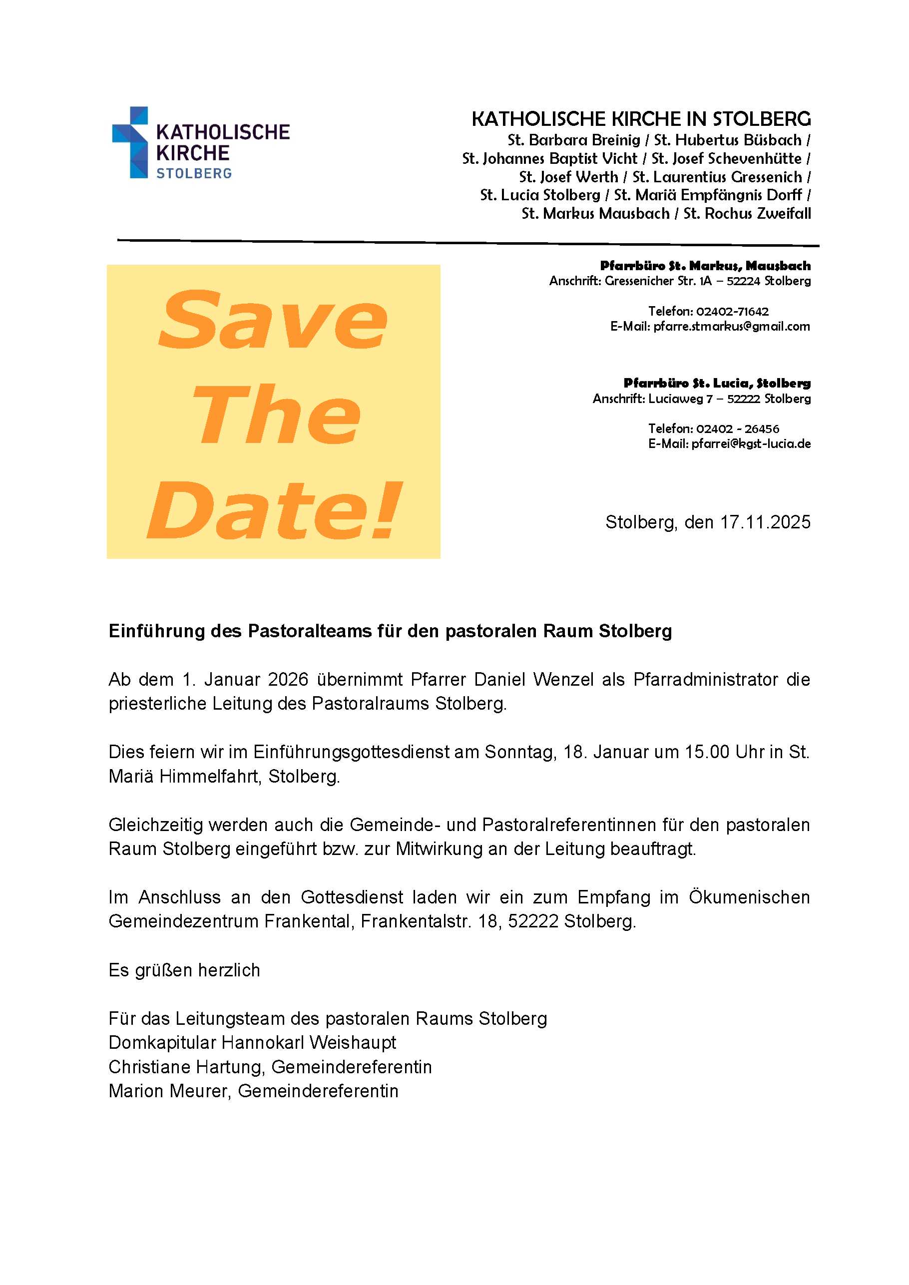 Save the date Einführungsmesse (c) Pastoralteam Pastoraler Raum Stolberg